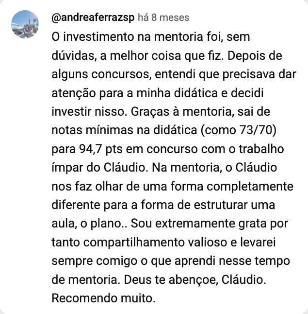 Print do comentário de @andreaferrazsp no YouTube: saiu de notas mínimas para 94,7 pontos.