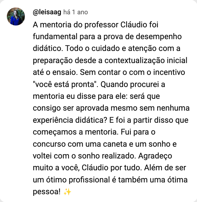 Print do comentário de @leisaag no YouTube: foi para o concurso com uma caneta e um sonho e voltou com o sonho realizado.