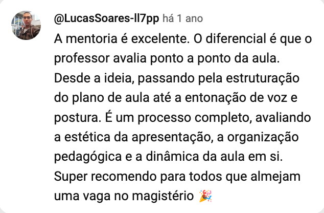 Print do comentário de @LucasSoares-ll7pp no YouTube: o professor avalia ponto a ponto da aula.